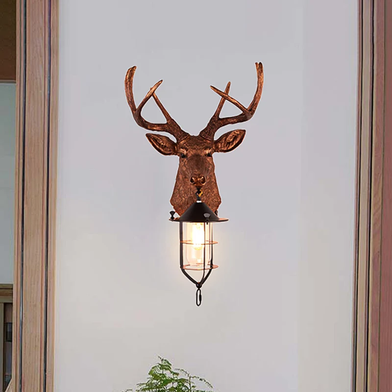 Bruine 1-lamp wandmontage verlichting vintage hars hertenkop wandlamp schans met kooi Clearhalo