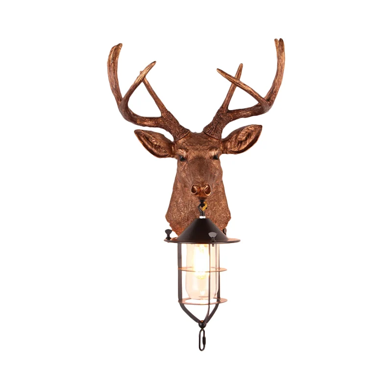 Bruine 1-lamp wandmontage verlichting vintage hars hertenkop wandlamp schans met kooi Clearhalo