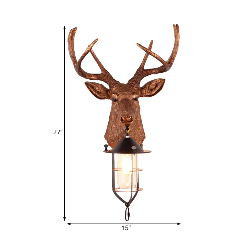 Bruine 1-lamp wandmontage verlichting vintage hars hertenkop wandlamp schans met kooi Clearhalo