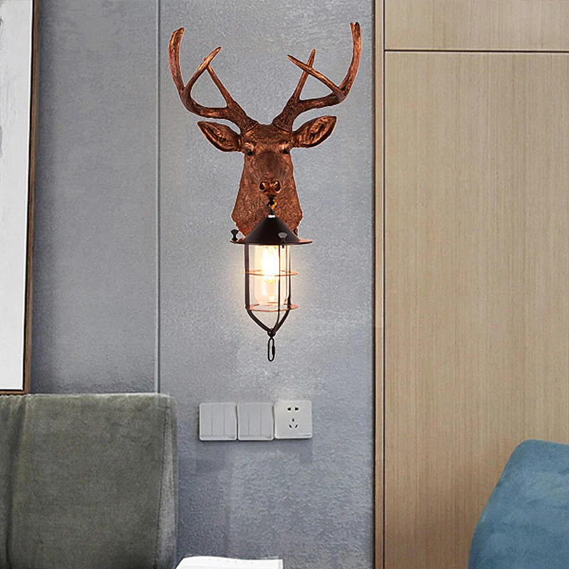 Bruine 1-lamp wandmontage verlichting vintage hars hertenkop wandlamp schans met kooi Clearhalo