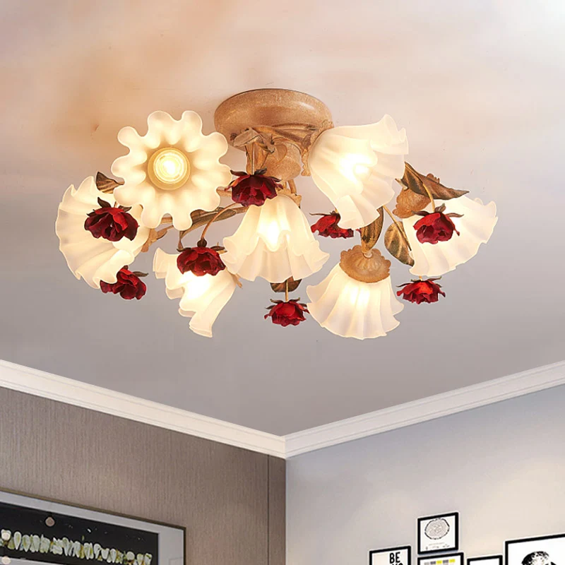 Bruine 4/7/9-lamps semi-inbouw pastorale matglazen Starburst plafondlamp met rode bloem Clearhalo