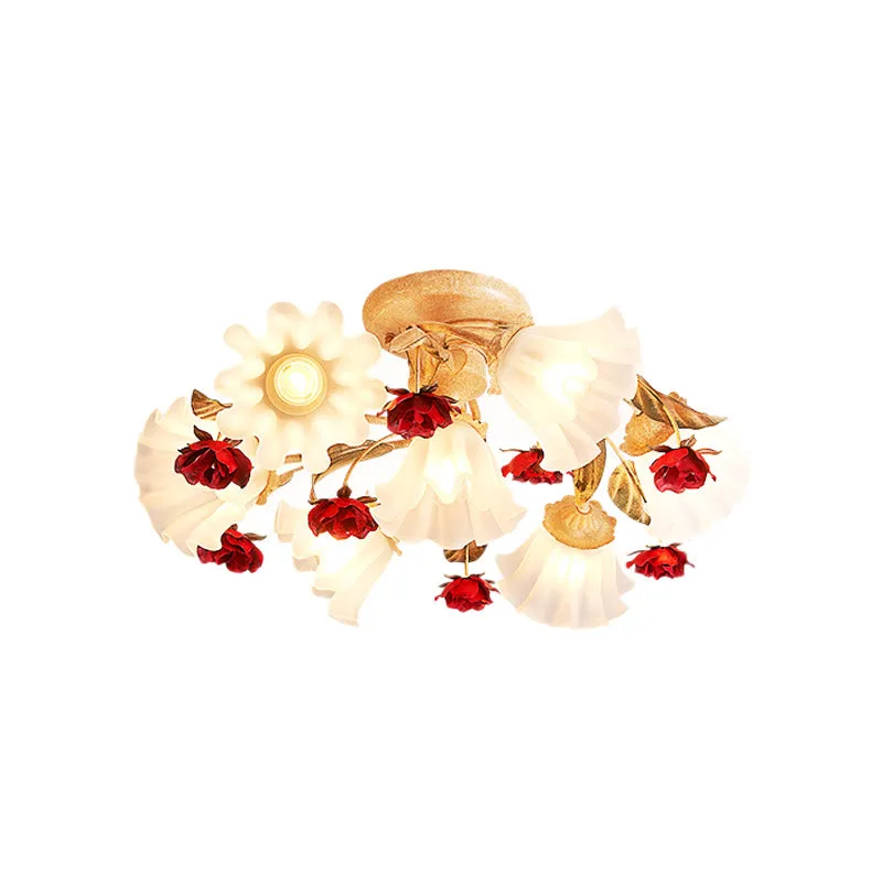 Bruine 4/7/9-lamps semi-inbouw pastorale matglazen Starburst plafondlamp met rode bloem Clearhalo