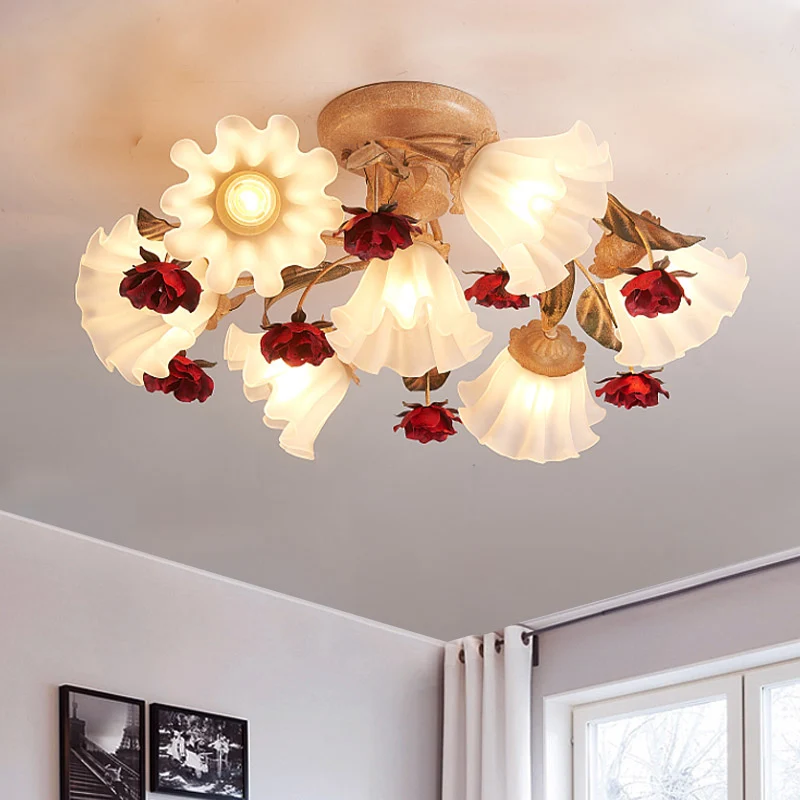Bruine 4/7/9-lamps semi-inbouw pastorale matglazen Starburst plafondlamp met rode bloem Clearhalo