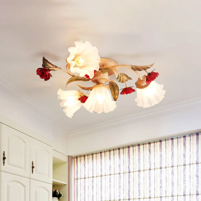 Bruine 4/7/9-lamps semi-inbouw pastorale matglazen Starburst plafondlamp met rode bloem Clearhalo