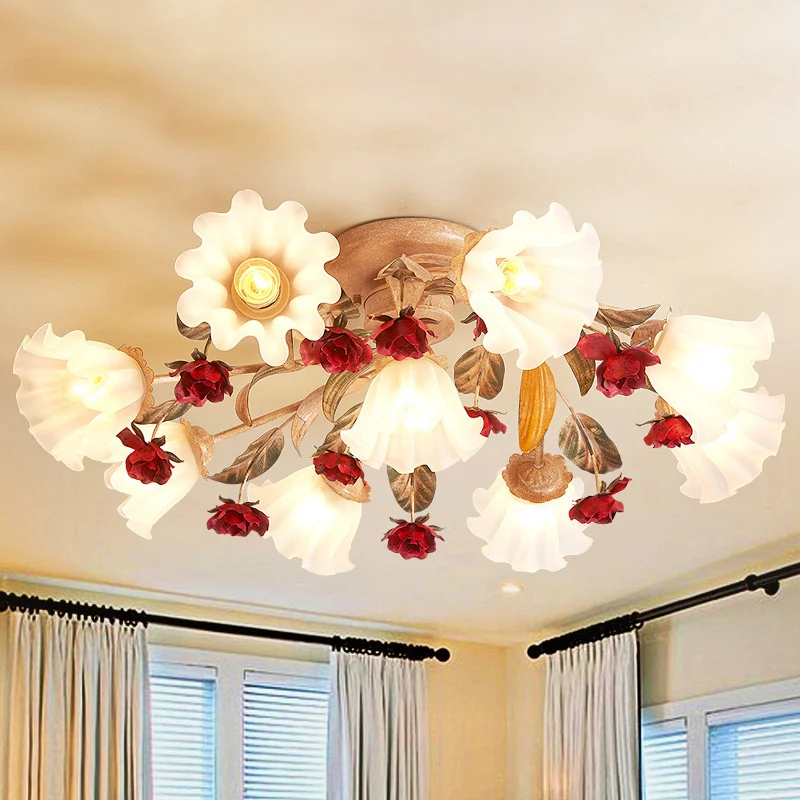 Bruine 4/7/9-lamps semi-inbouw pastorale matglazen Starburst plafondlamp met rode bloem Clearhalo