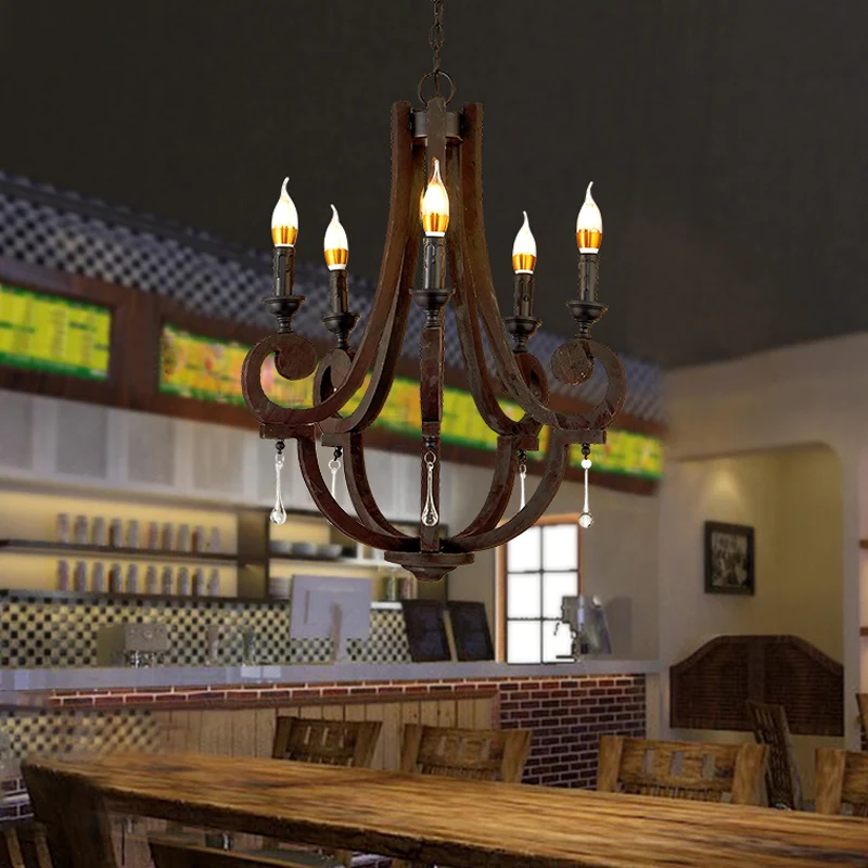 Bruine kaars hangende kroonluchter landelijk houten 5-kops restaurant hangend plafondlicht Clearhalo