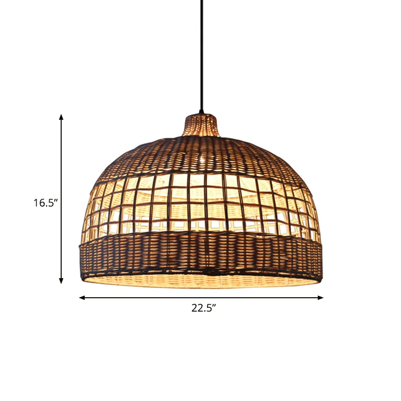 Bruine koepelvormige plafondlamp Rustiek geweven rotan 1-lichts hanglamp voor café-restaurant Clearhalo