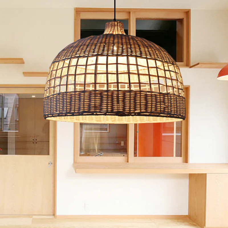 Bruine koepelvormige plafondlamp Rustiek geweven rotan 1-lichts hanglamp voor café-restaurant Clearhalo