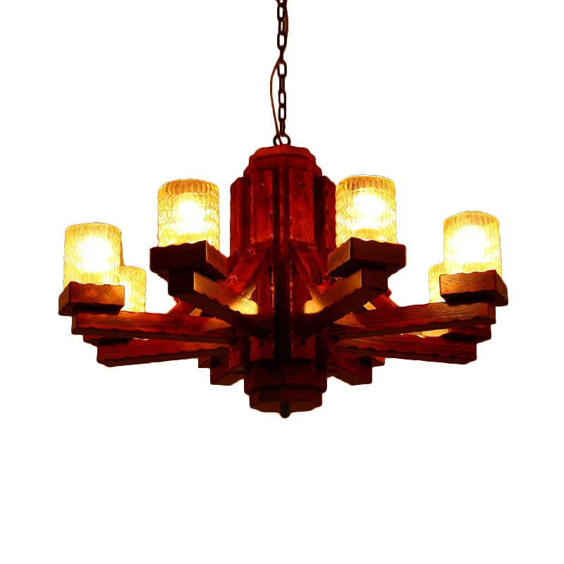 Bruine Sputnik hangende kroonluchter rustiek hout 8 lampen woonkamer plafondarmatuur met cilindervormige glazen kap Clearhalo