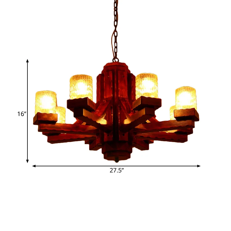Bruine Sputnik hangende kroonluchter rustiek hout 8 lampen woonkamer plafondarmatuur met cilindervormige glazen kap Clearhalo