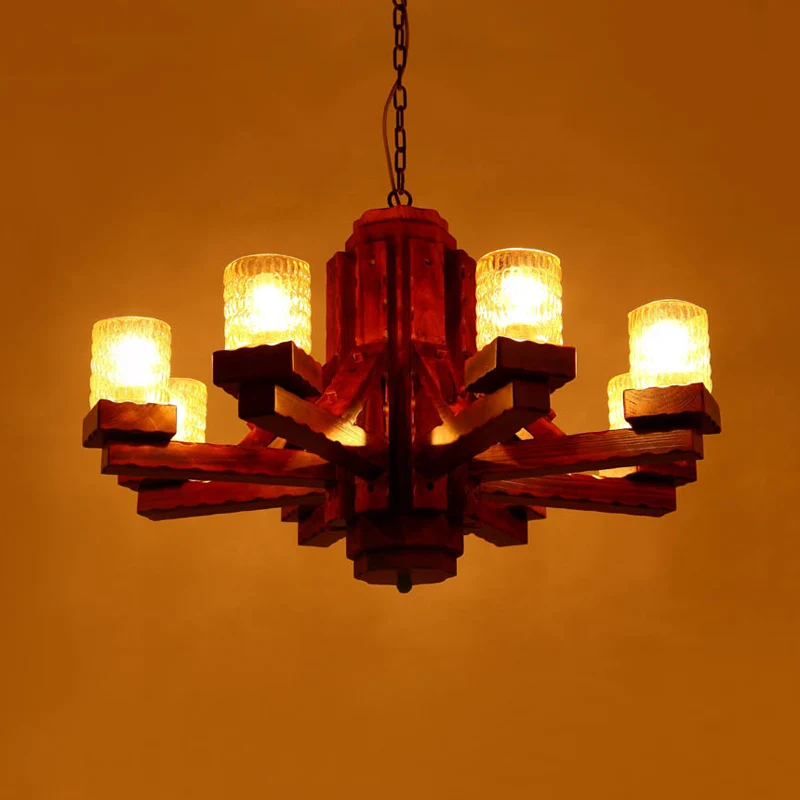 Bruine Sputnik hangende kroonluchter rustiek hout 8 lampen woonkamer plafondarmatuur met cilindervormige glazen kap Clearhalo