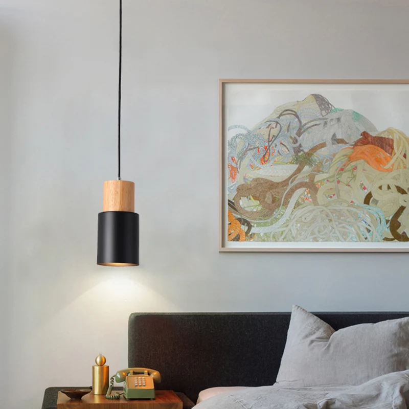 Buisvormige nachtkastjehangende spot Metaal 1-lichts minimalistische hanglamp met houten blad Clearhalo