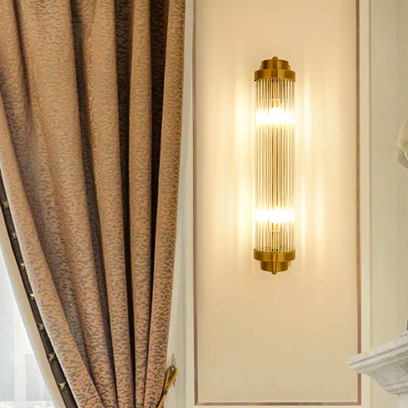 Buisvormige woonkamer wandkandelaar helder gecanneleerd glas 2-lichts postmoderne wandlamp goud Clearhalo