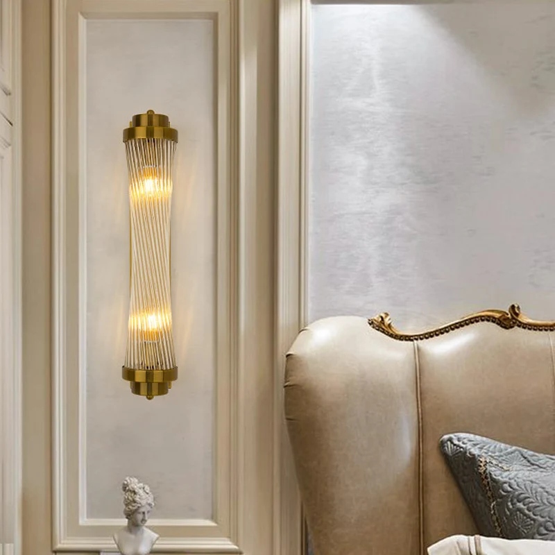 Buisvormige woonkamer wandkandelaar helder gecanneleerd glas 2-lichts postmoderne wandlamp goud Clearhalo