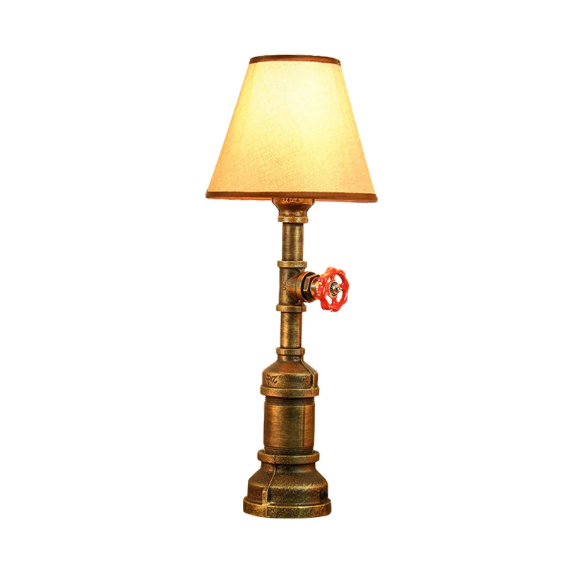 Bureaulamp met 1 kop, boerderijkegel, beige stoffen kap, tafellamp met bronzen metalen voet Clearhalo