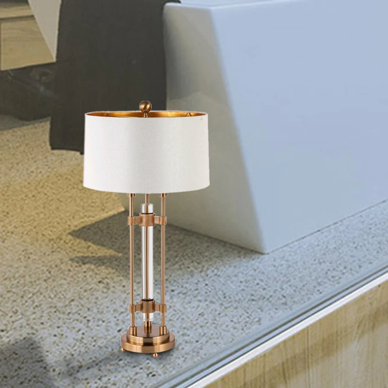 Bureaulamp met stoffen vat, moderne, goudkleurige tafellamp met 1 lamp, ronde goudkleurige metalen voet Clearhalo