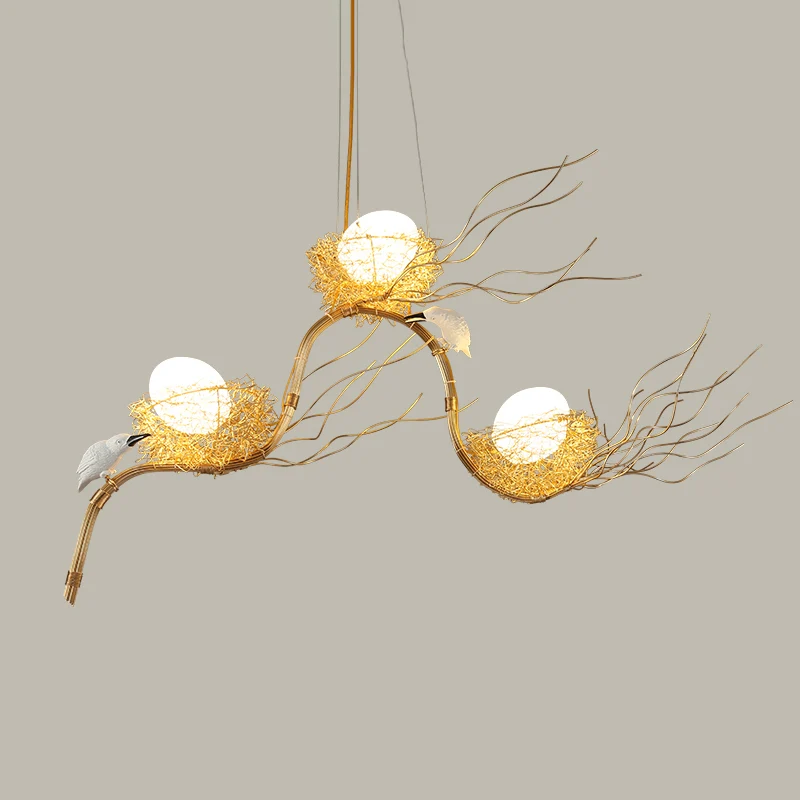 Cafe Thin Branch hanglamp metaal 3-lichts gouden kinderkroonluchter met ei en vogel Clearhalo