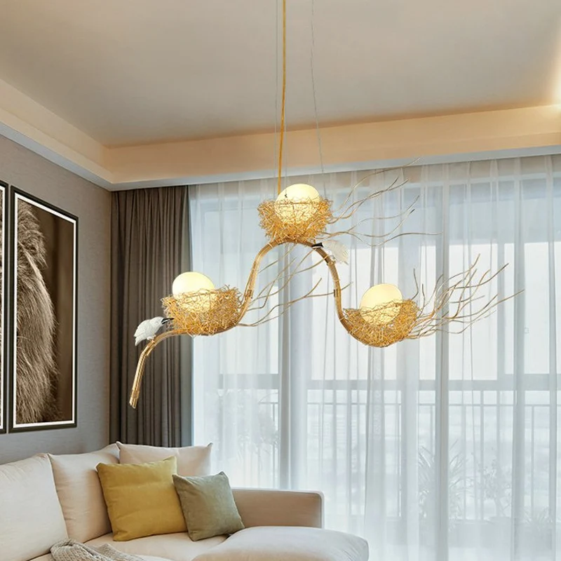 Cafe Thin Branch hanglamp metaal 3-lichts gouden kinderkroonluchter met ei en vogel Clearhalo