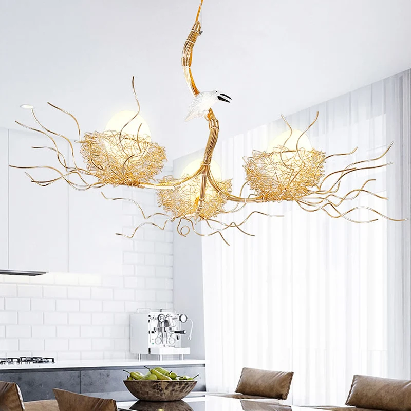 Cafe Thin Branch hanglamp metaal 3-lichts gouden kinderkroonluchter met ei en vogel Clearhalo
