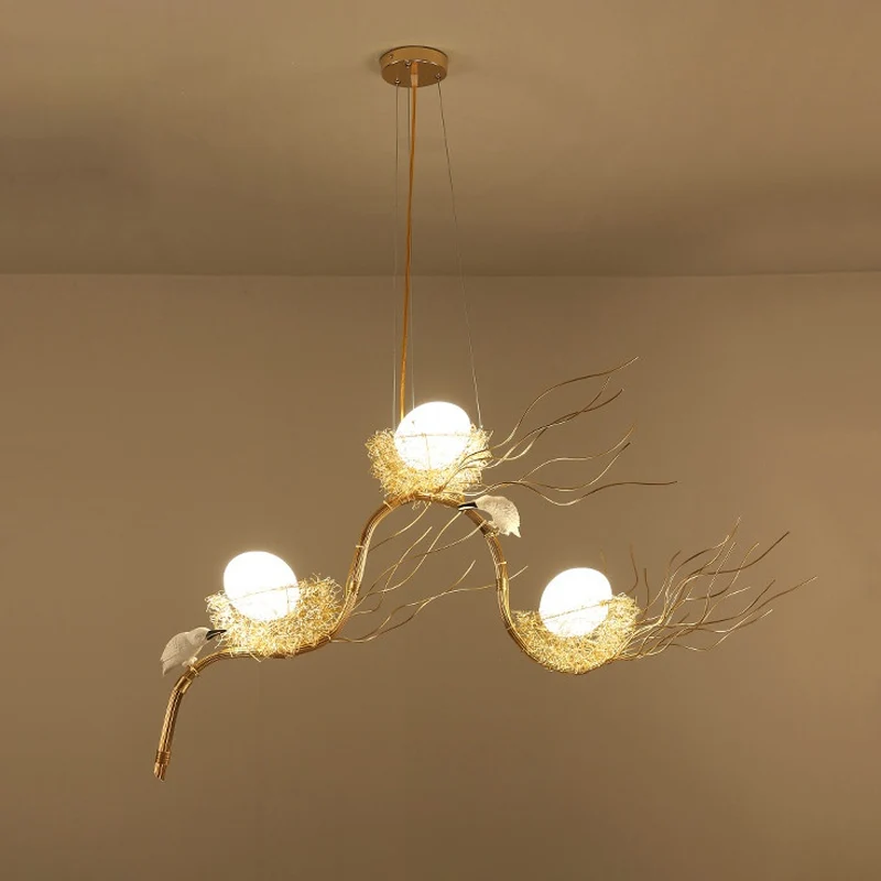 Cafe Thin Branch hanglamp metaal 3-lichts gouden kinderkroonluchter met ei en vogel Clearhalo