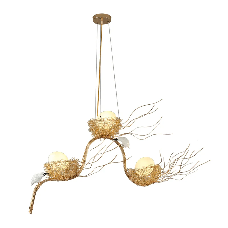 Cafe Thin Branch hanglamp metaal 3-lichts gouden kinderkroonluchter met ei en vogel Clearhalo