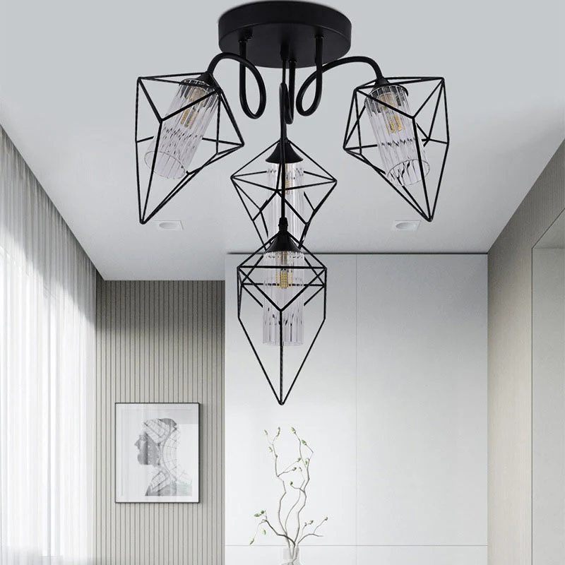 Cage Diamond Slaapkamer Plafondmontage Kroonluchter Retro Metaal 4/6 Lichten Zwarte Hanglamp met Heldere Glazen Binnenkap...
