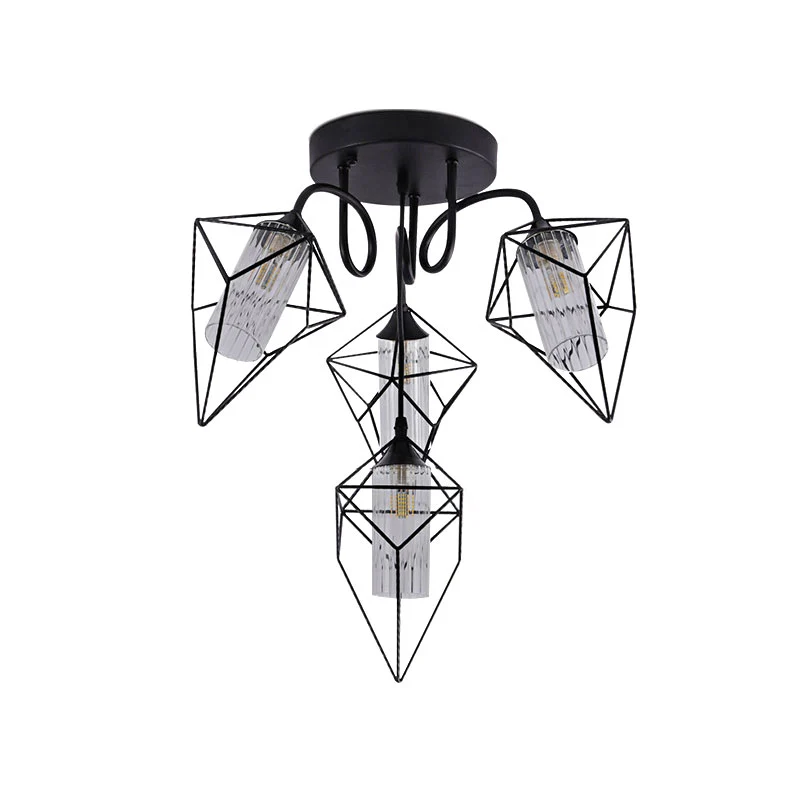 Cage Diamond Slaapkamer Plafondmontage Kroonluchter Retro Metaal 4/6 Lichten Zwarte Hanglamp met Heldere Glazen Binnenkap...