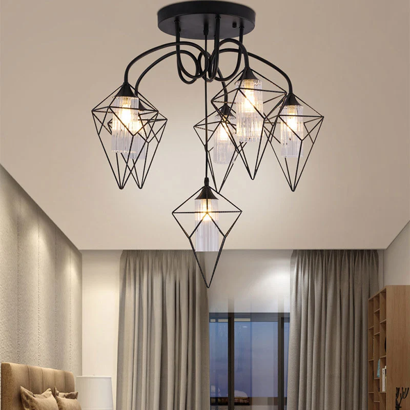 Cage Diamond Slaapkamer Plafondmontage Kroonluchter Retro Metaal 4/6 Lichten Zwarte Hanglamp met Heldere Glazen Binnenkap...