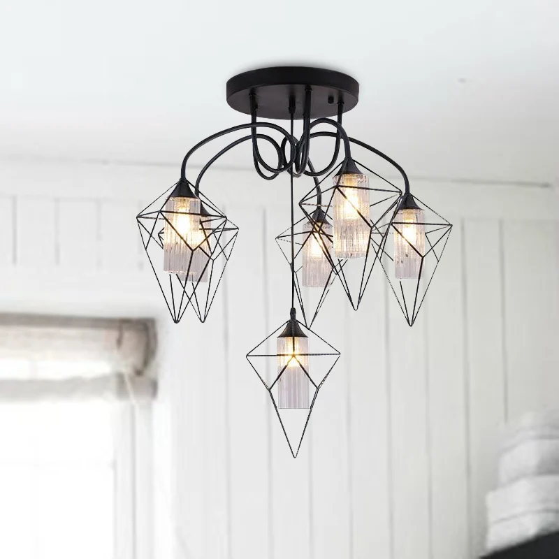 Cage Diamond Slaapkamer Plafondmontage Kroonluchter Retro Metaal 4/6 Lichten Zwarte Hanglamp met Heldere Glazen Binnenkap...