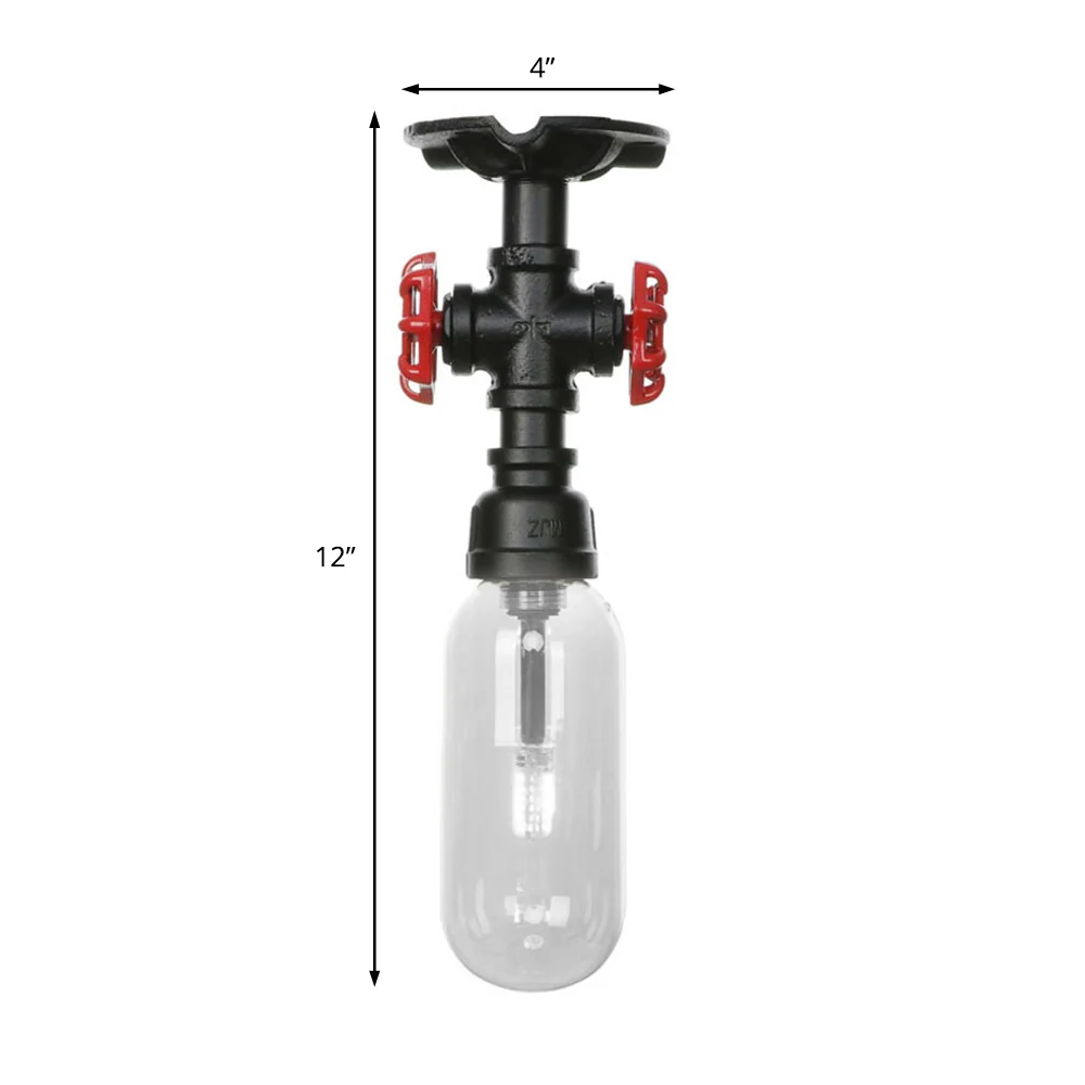 Capsule Corridor Semi Flush Light Industrieel Helder Glas One Light Zwarte Plafondverlichting met Pijpontwerp Clearhalo