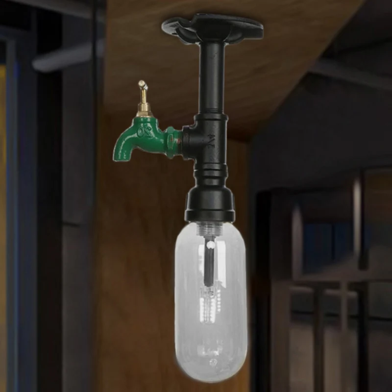 Capsule Corridor Semi Flush Light Industrieel Helder Glas One Light Zwarte Plafondverlichting met Pijpontwerp Clearhalo