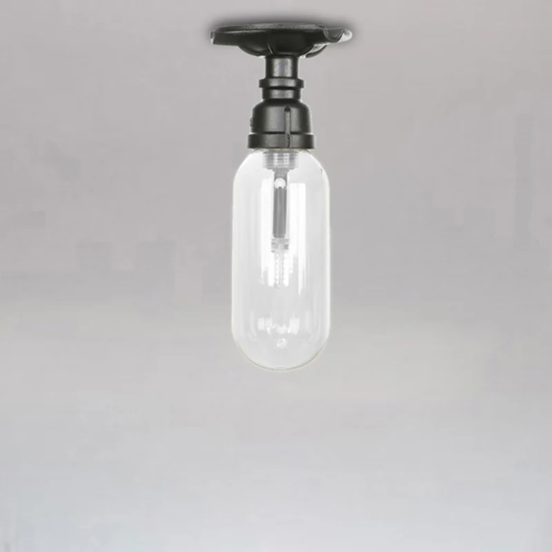 Capsule Corridor Semi Flush Light Industrieel Helder Glas One Light Zwarte Plafondverlichting met Pijpontwerp Clearhalo