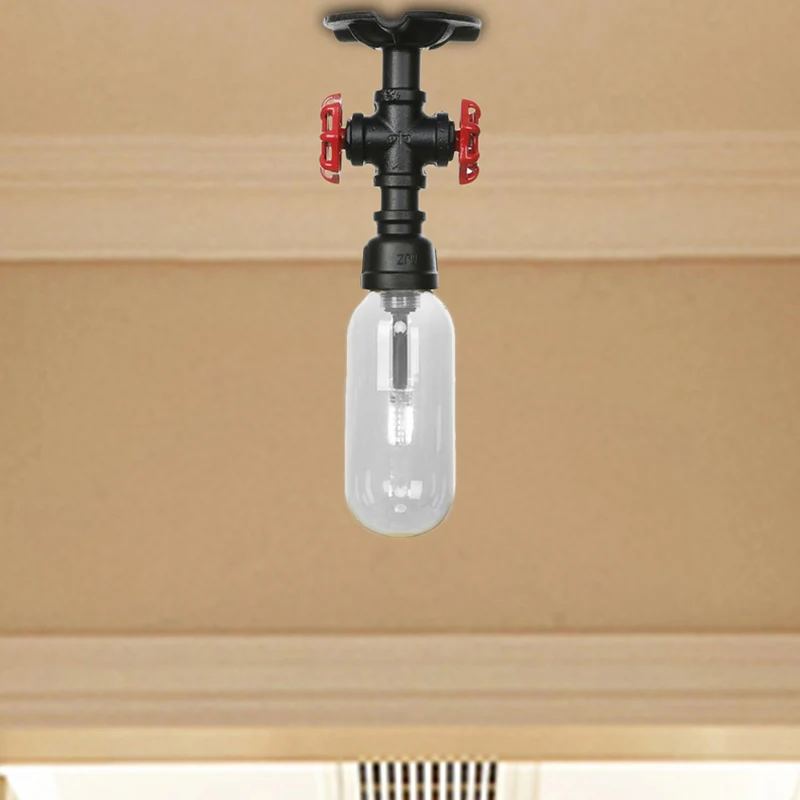 Capsule Corridor Semi Flush Light Industrieel Helder Glas One Light Zwarte Plafondverlichting met Pijpontwerp Clearhalo