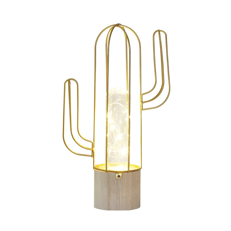 Capsule nachtlampje van helder glas voor kinderen, goud, oplaadbare LED-tafellamp met stalen kooibeschermer van cactus Cle...