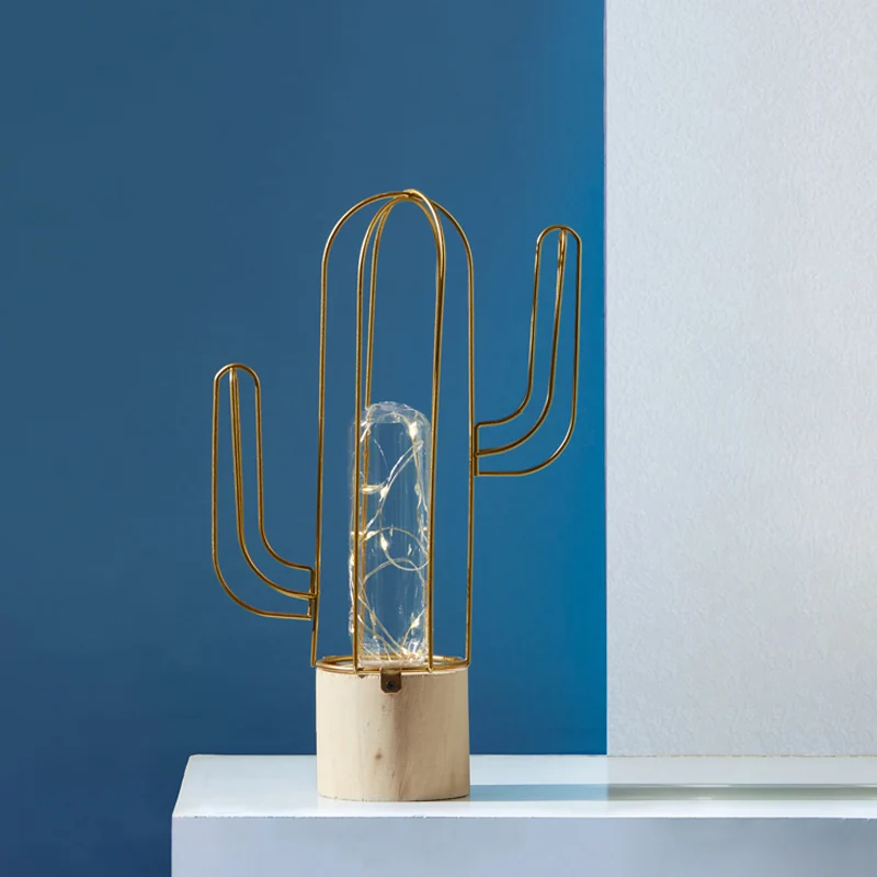 Capsule nachtlampje van helder glas voor kinderen, goud, oplaadbare LED-tafellamp met stalen kooibeschermer van cactus Cle...