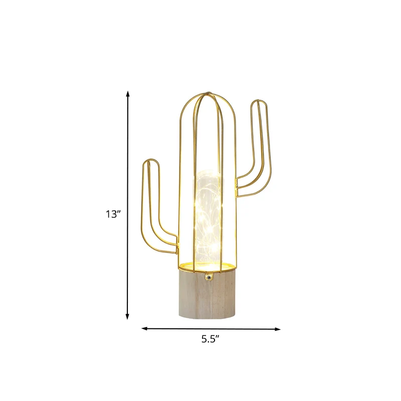 Capsule nachtlampje van helder glas voor kinderen, goud, oplaadbare LED-tafellamp met stalen kooibeschermer van cactus Cle...