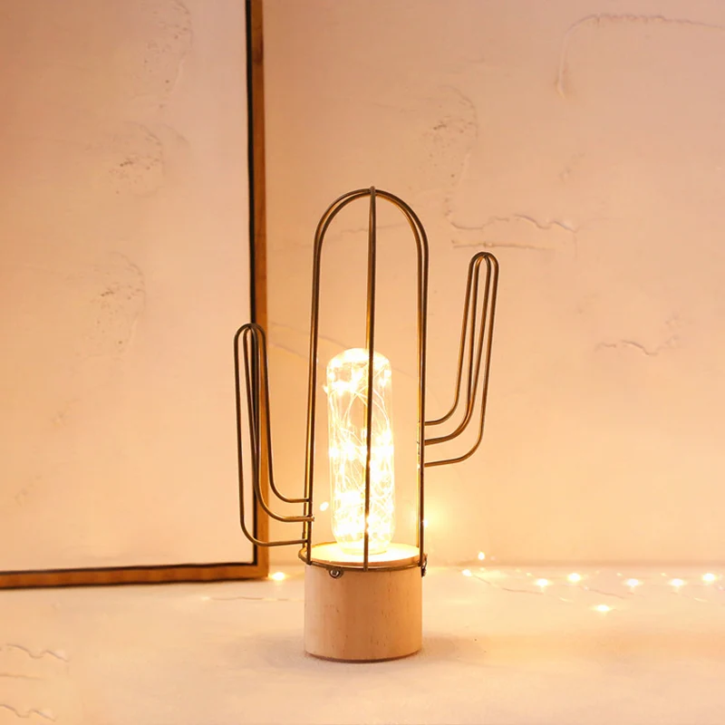 Capsule nachtlampje van helder glas voor kinderen, goud, oplaadbare LED-tafellamp met stalen kooibeschermer van cactus Cle...