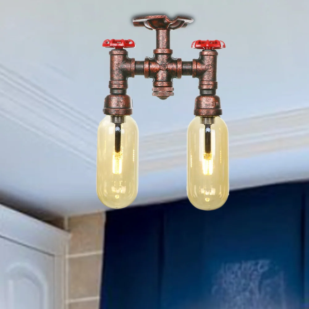 Capsulekap, amberkleurig glas, semi-inbouw, industriële eetkamerlamp met 2 lampen, verweerd koper Clearhalo