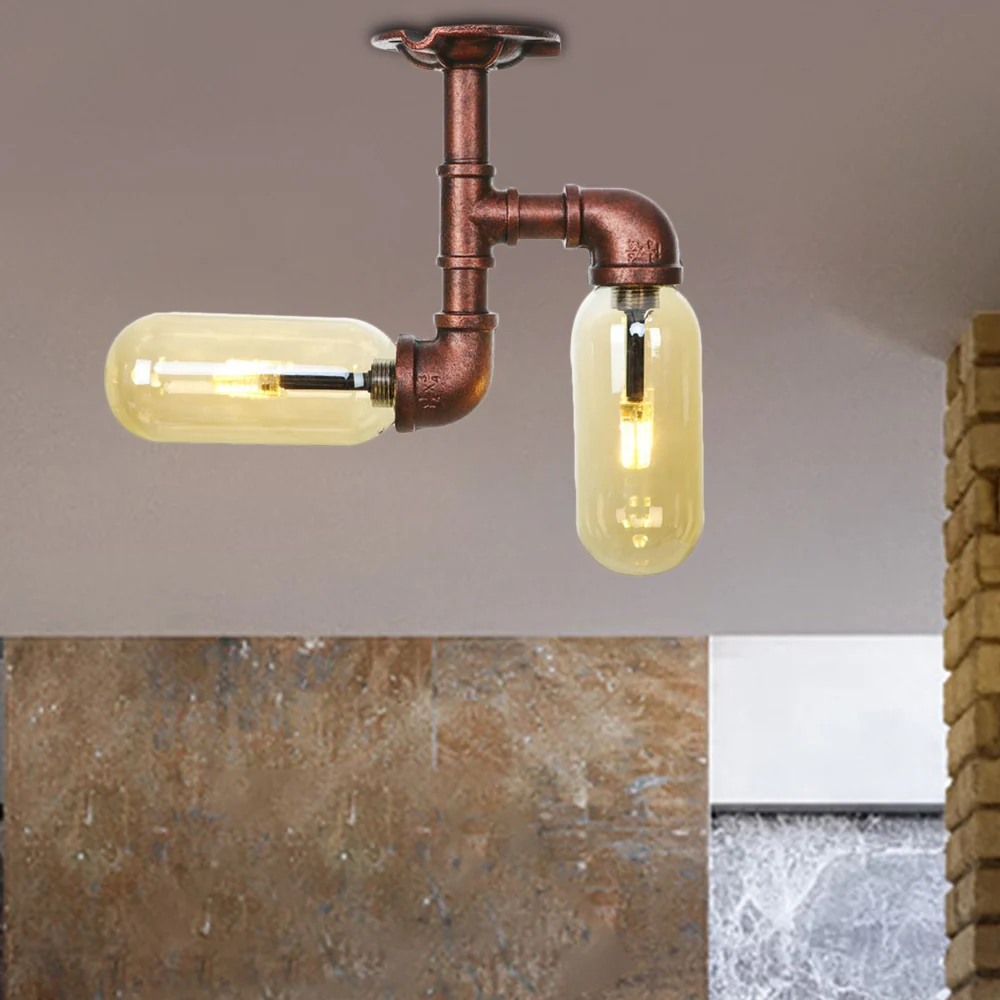 Capsulekap, amberkleurig glas, semi-inbouw, industriële eetkamerlamp met 2 lampen, verweerd koper Clearhalo
