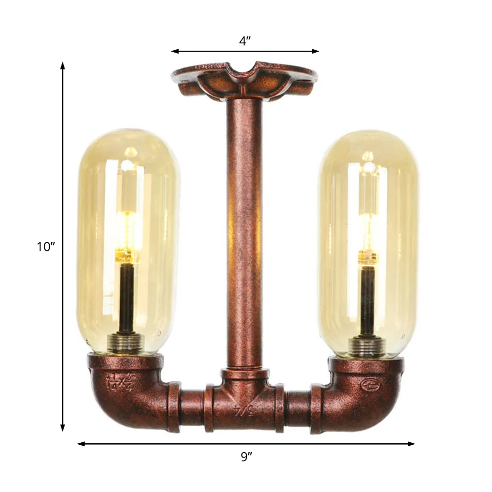 Capsulekap, amberkleurig glas, semi-inbouw, industriële eetkamerlamp met 2 lampen, verweerd koper Clearhalo