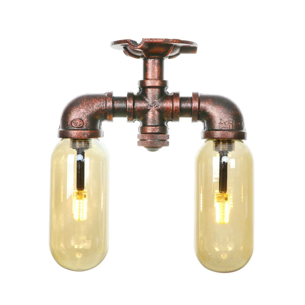 Capsulekap, amberkleurig glas, semi-inbouw, industriële eetkamerlamp met 2 lampen, verweerd koper Clearhalo