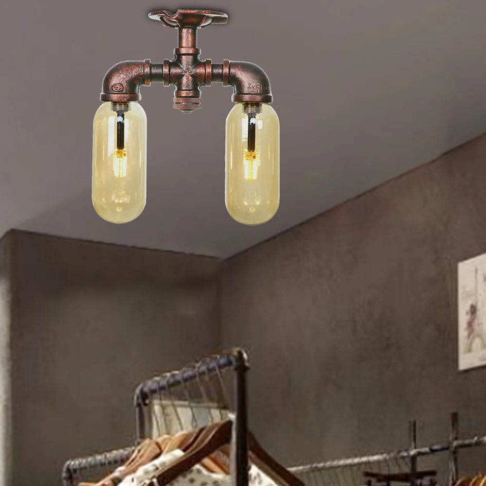Capsulekap, amberkleurig glas, semi-inbouw, industriële eetkamerlamp met 2 lampen, verweerd koper Clearhalo
