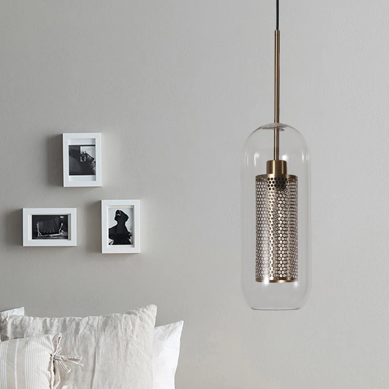 Capsulevormige hanglamp 1-lichts moderne helderglazen plafondlamp met gaasscherm voor balkon Clearhalo