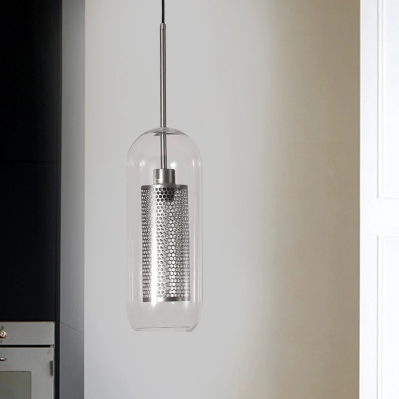 Capsulevormige hanglamp 1-lichts moderne helderglazen plafondlamp met gaasscherm voor balkon Clearhalo