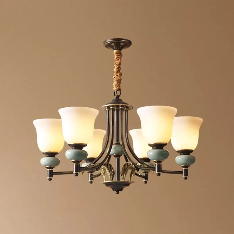 Carillon Woonkamerkroonluchter Vintage wit glas 6-lichts zwarte hanglamp met keramische decoratie Clearhalo