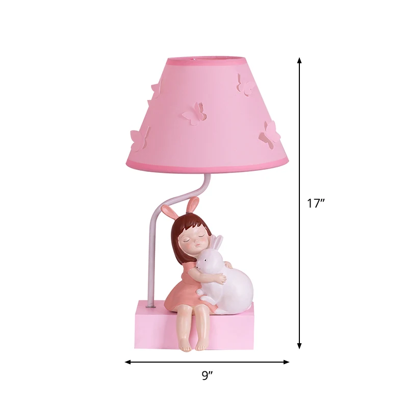 Cartoon conische stoffen nachtlamp met 1 kop en roze tafellamp met konijnenmotief en houten voet Clearhalo
