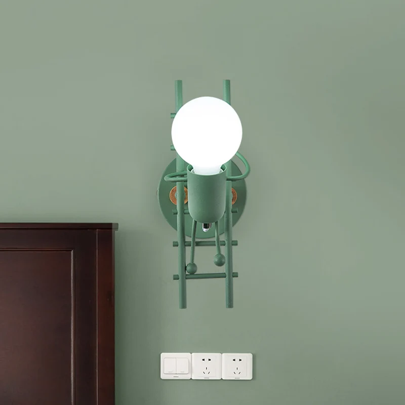Cartoon kale lamp wandlamp metaal grijs/wit/groen 1 kop binnen wandmontage licht met kleine mensen decoratie Clearhalo