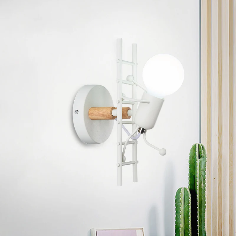 Cartoon kale lamp wandlamp metaal grijs/wit/groen 1 kop binnen wandmontage licht met kleine mensen decoratie Clearhalo