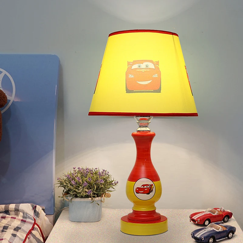Cartoon kegel nachtkastje lamp stof 1-lamp nachtlampje voor jongensslaapkamer met ster/autopatroon blauw/geel Clearhalo
