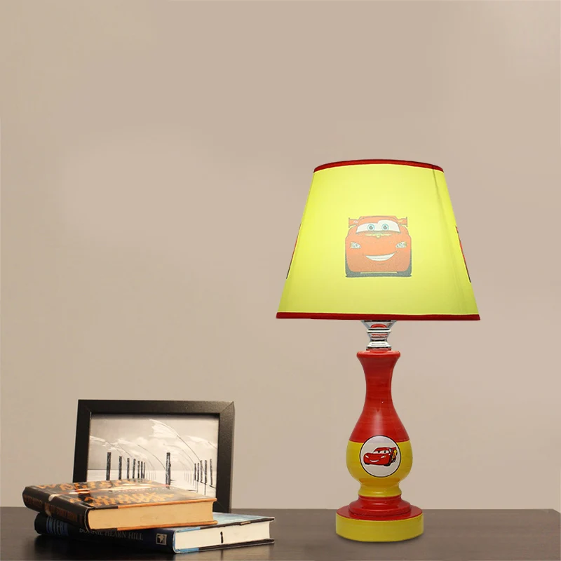 Cartoon kegel nachtkastje lamp stof 1-lamp nachtlampje voor jongensslaapkamer met ster/autopatroon blauw/geel Clearhalo